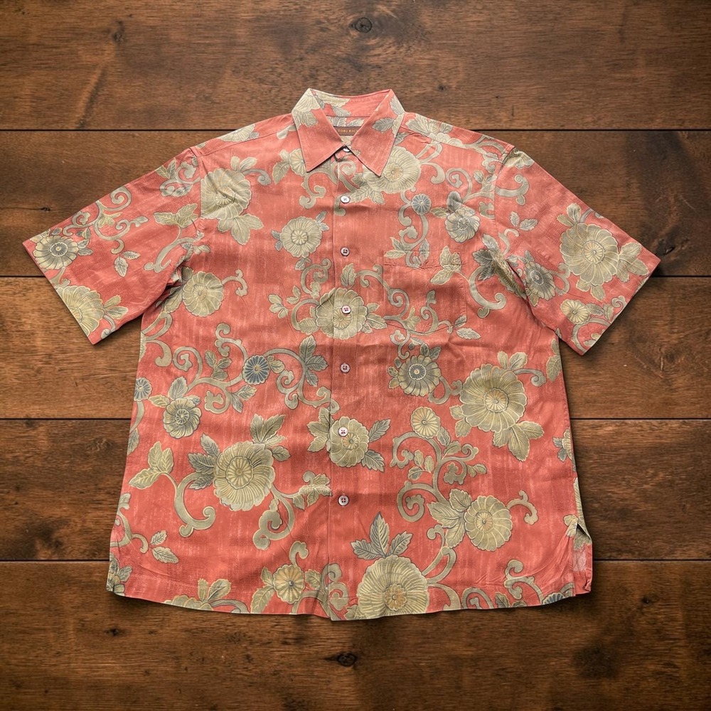 Vintage Tori Richard Mens (L) Floral Scroll Jacquard Hawaiian Shirt Salmon